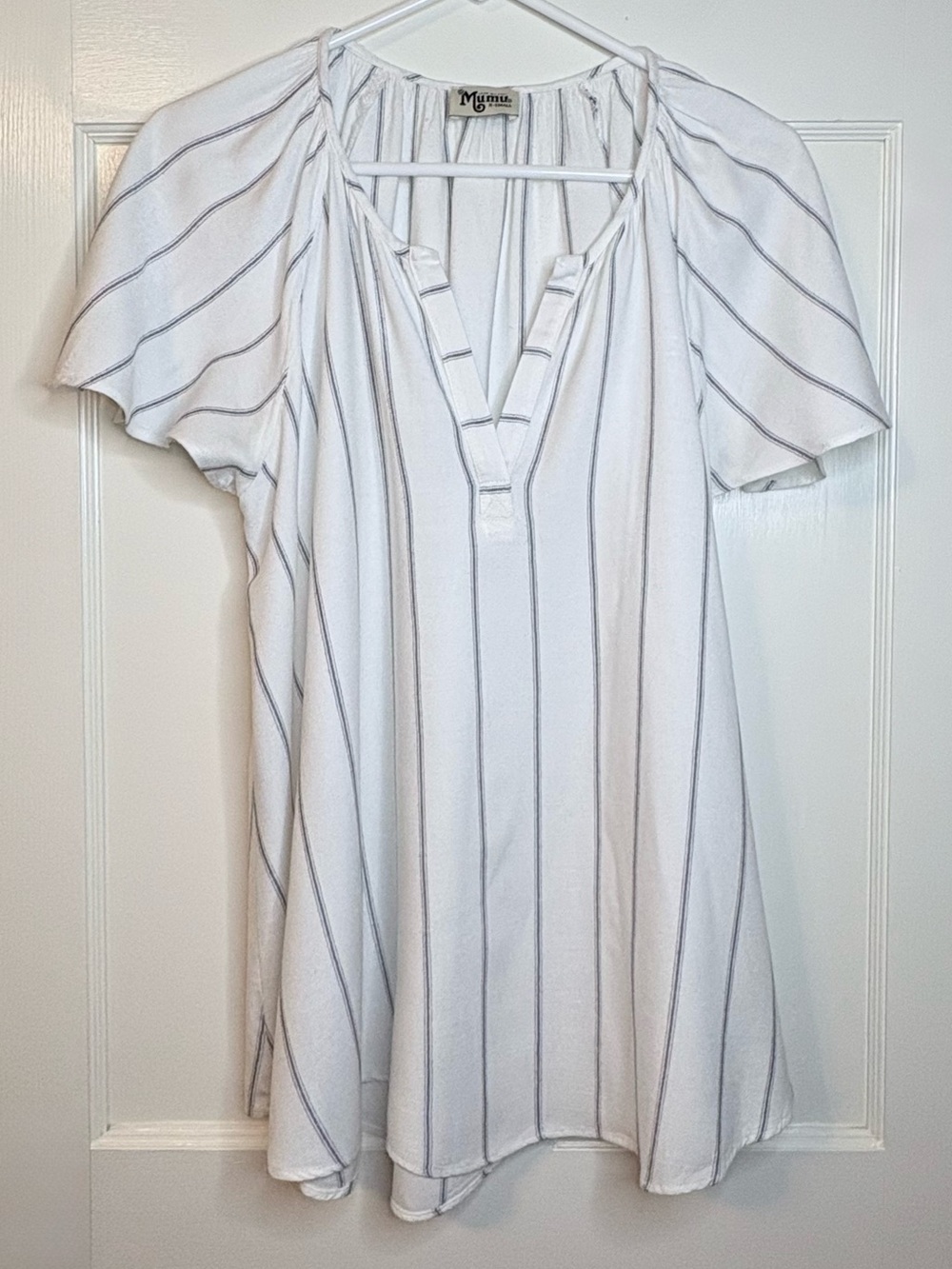MuMu White V-Neck Tunic with Navy Stripes